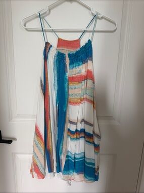 Free People Teal & Multicolor Striped Smocked Top